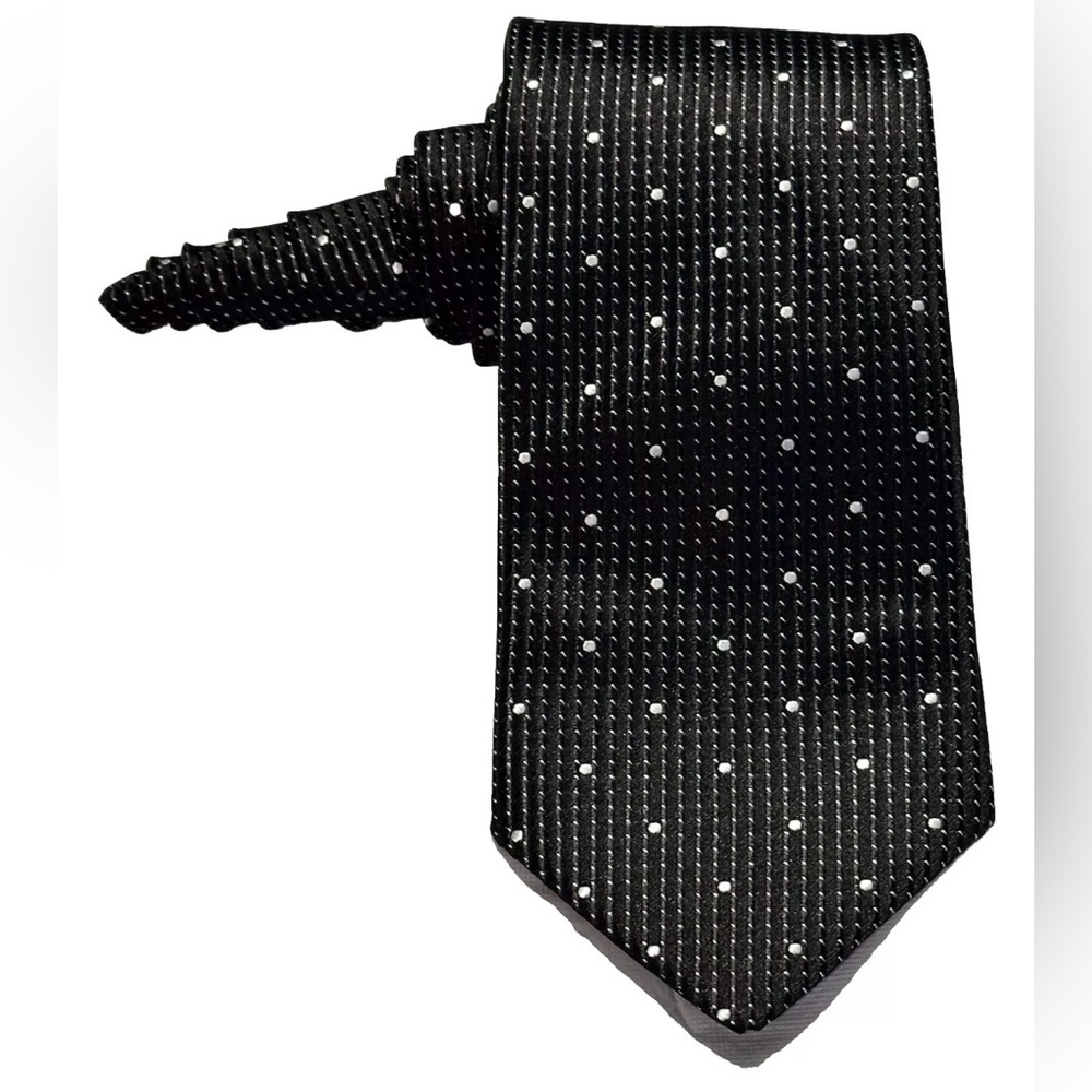 NEW MENS HANDMADE SILK TIE BLACK w NEAT SILVER POLKA DOTS & MICRO DOTS